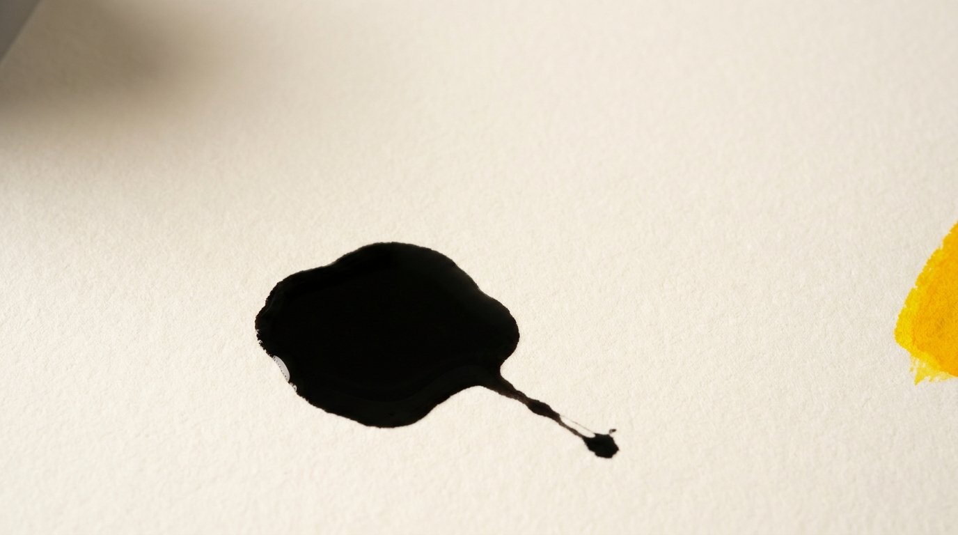 A pool of black ink on cream paper.