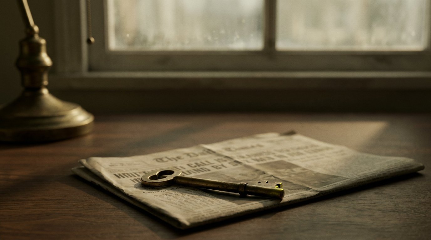 A weathered brass key on a folded newspaper.