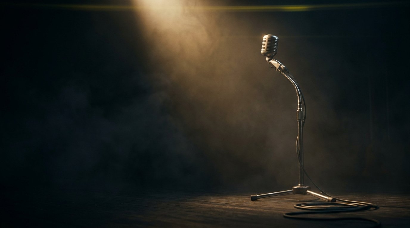 A vintage stage microphone under a tungsten spotlight.