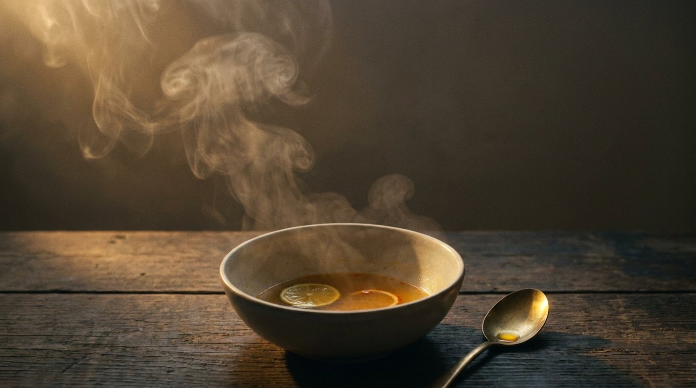 A bowl of Thai broth with rising steam.