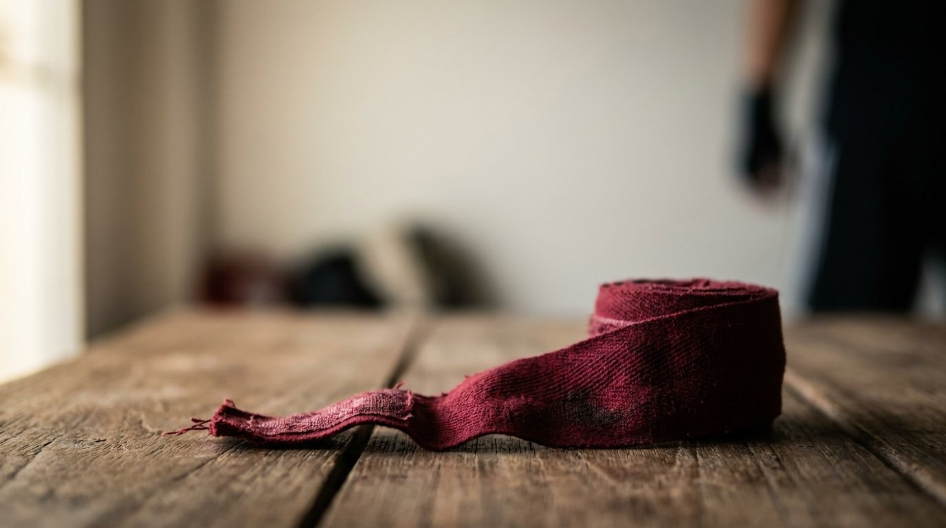 A muay thai hand-wrap, partially unraveled, on weathered teak wood.