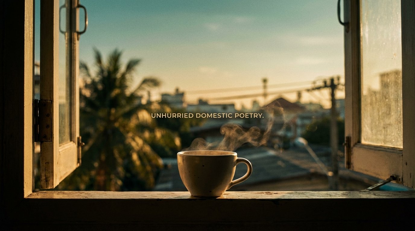 A ceramic teacup on a wooden window ledge, Bangkok afternoon haze beyond.
